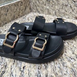 Black Sandals with Gold Buckles